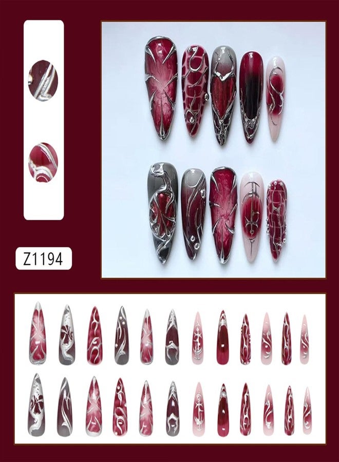 OSTTMA 24Pcs Gothic Press on Nails Long Stiletto Fake Nails Punk Metal False Nail Irregular Lines Y2k Metallic Heart Nails Tips Black Silver Red Gradient Full Cover Glue Stick on Nails for Women - Image 2